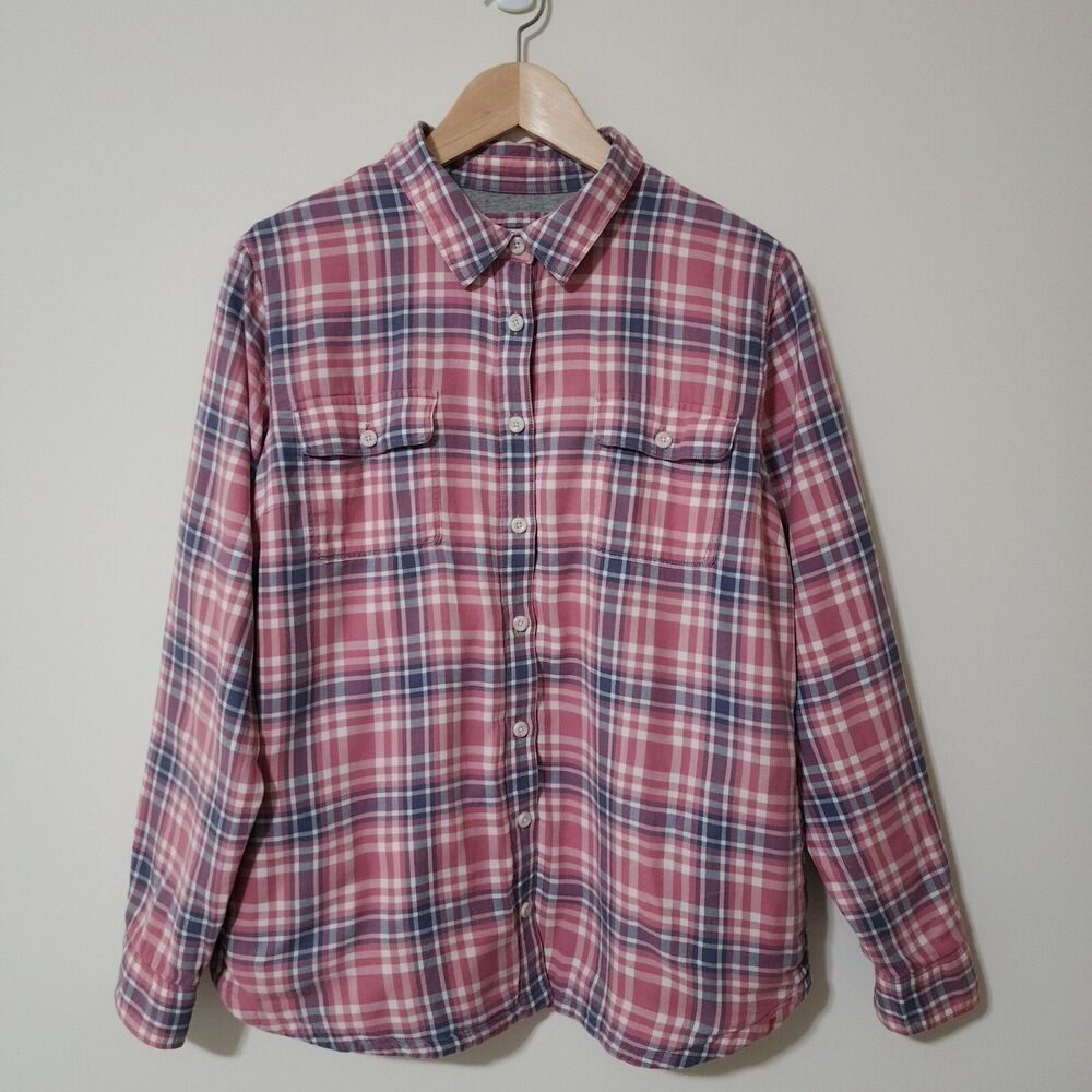 L.L. Bean Womens Plaid Jersey-Lined Shirt 100% Cotton Pink White Purple Size L